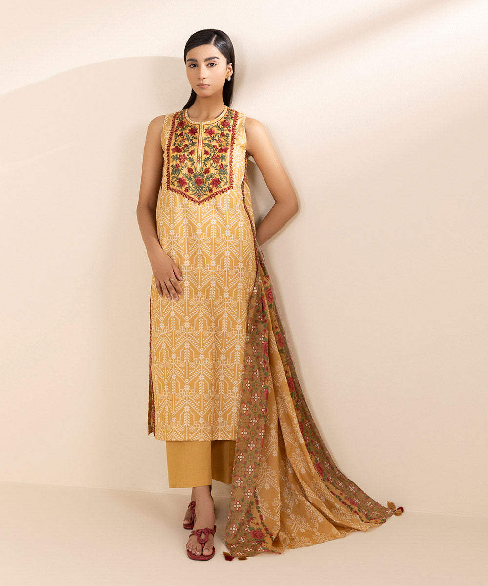 Women's Lawn Embroidered Yellow Unstitched 2 Piece Suit