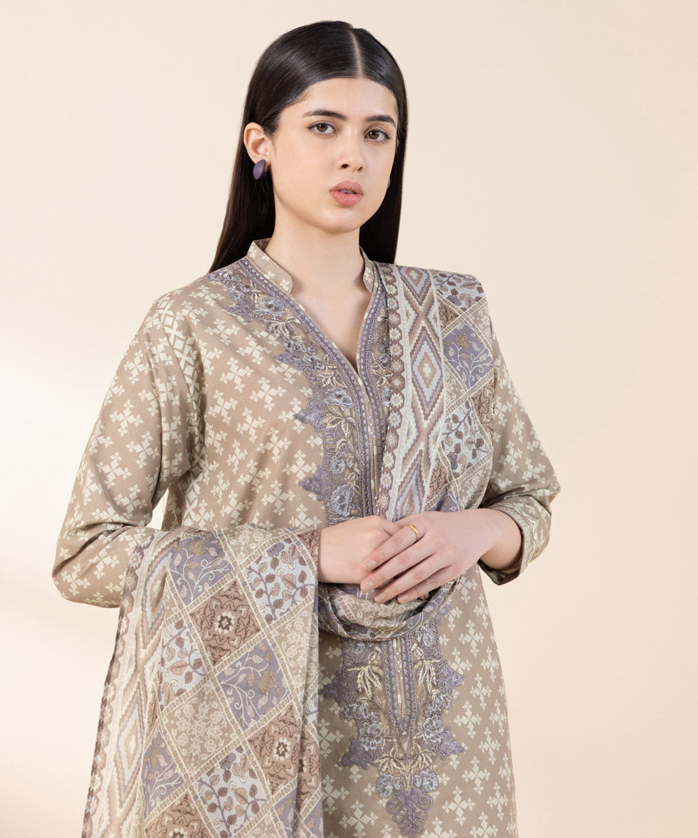 Women's Lawn Embroidered Beige Unstitched 2 Piece Suit