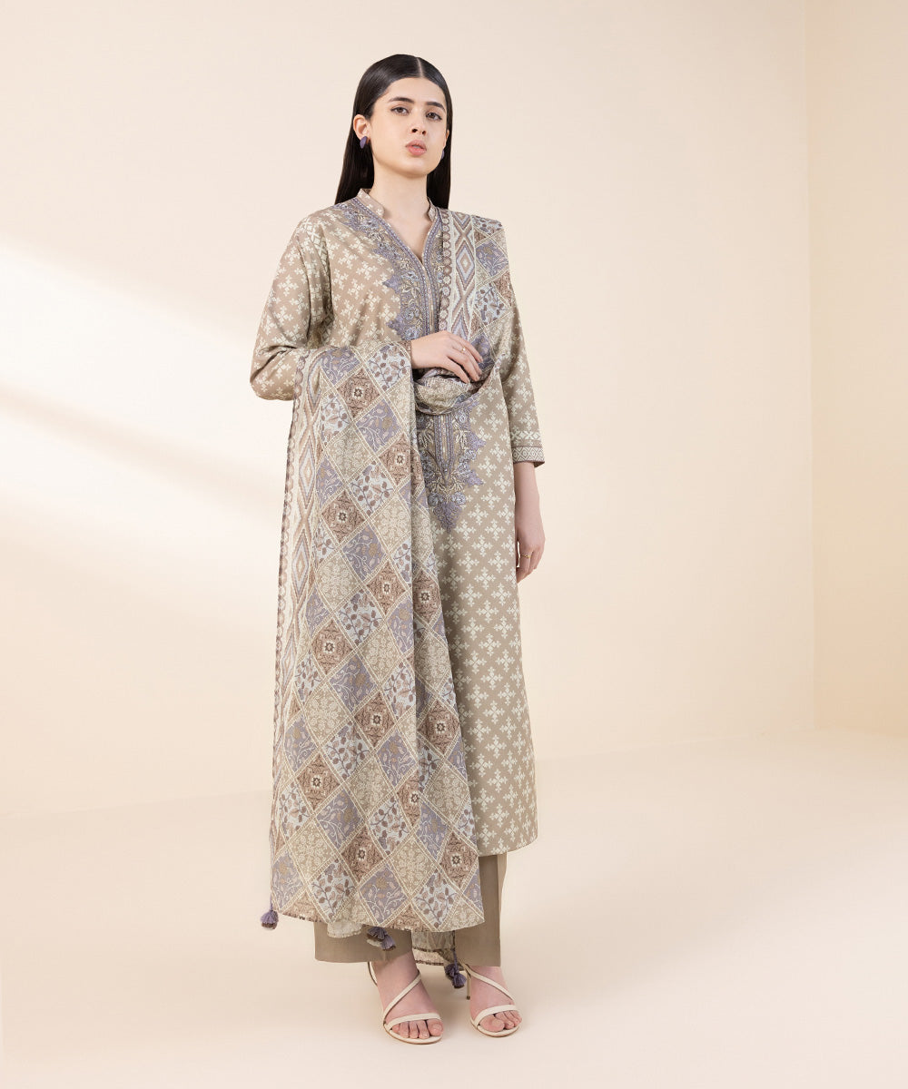 Women's Lawn Embroidered Beige Unstitched 2 Piece Suit