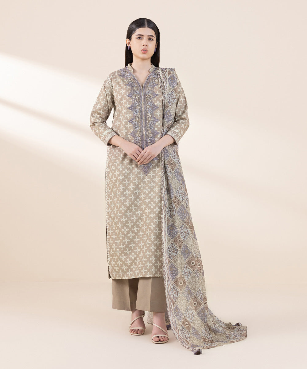 Women's Lawn Embroidered Beige Unstitched 2 Piece Suit