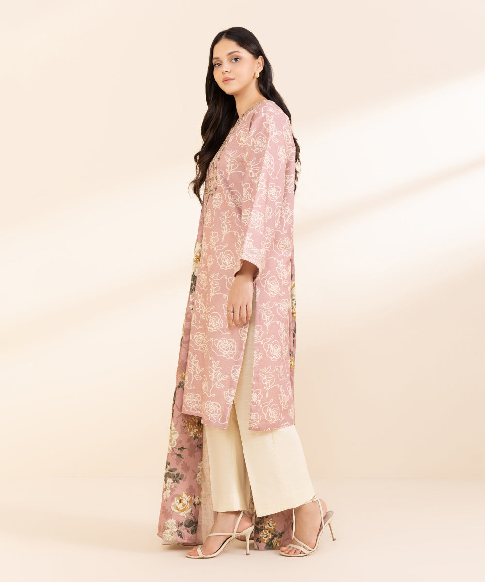 Women's Unstitched Light Khaddar Embroidered Pink 2 Piece Suit