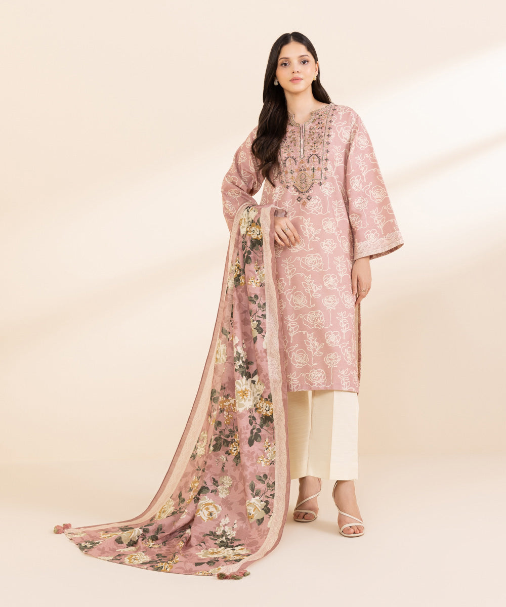 Women's Unstitched Light Khaddar Embroidered Pink 2 Piece Suit