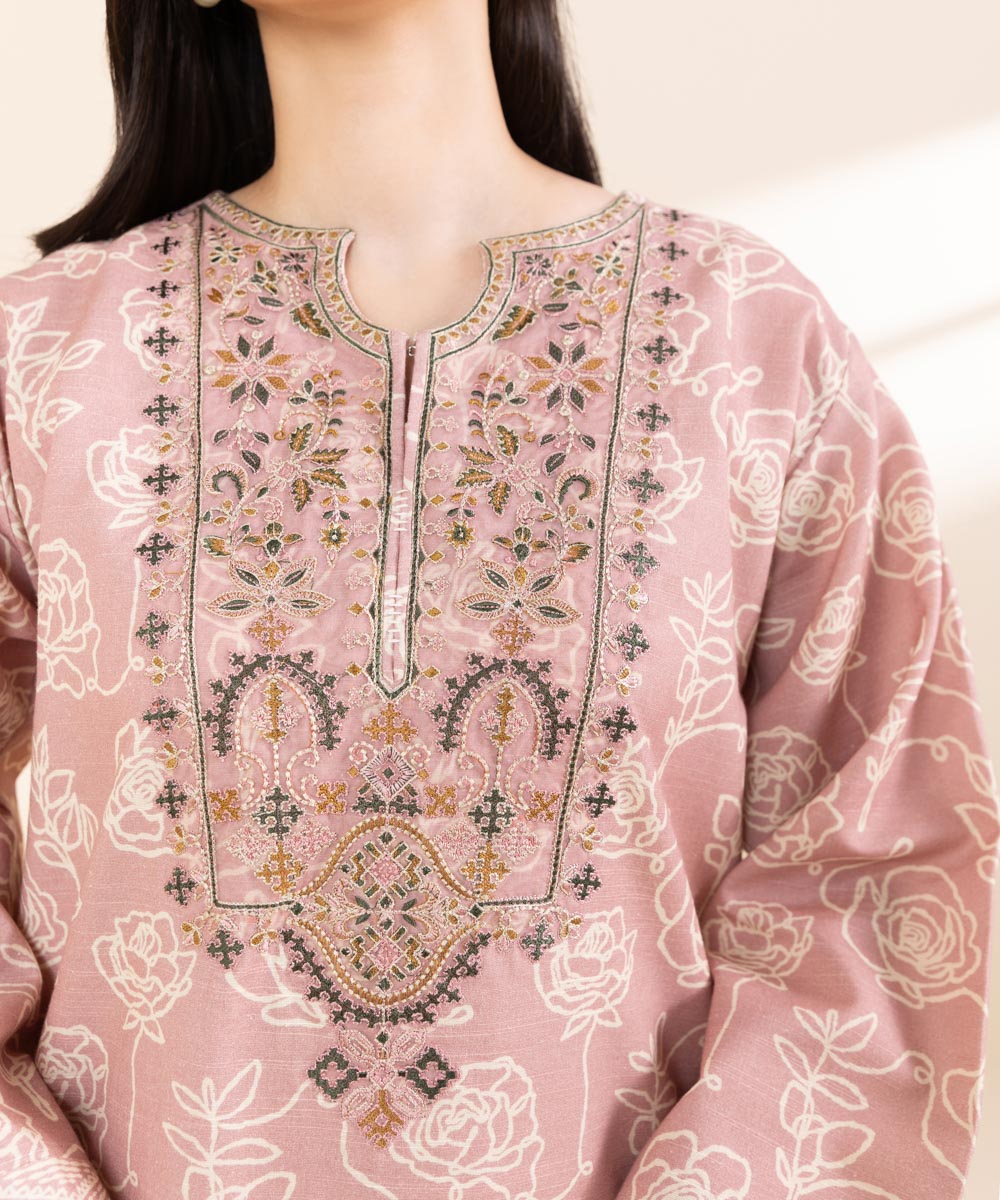 Women's Unstitched Light Khaddar Embroidered Pink 2 Piece Suit