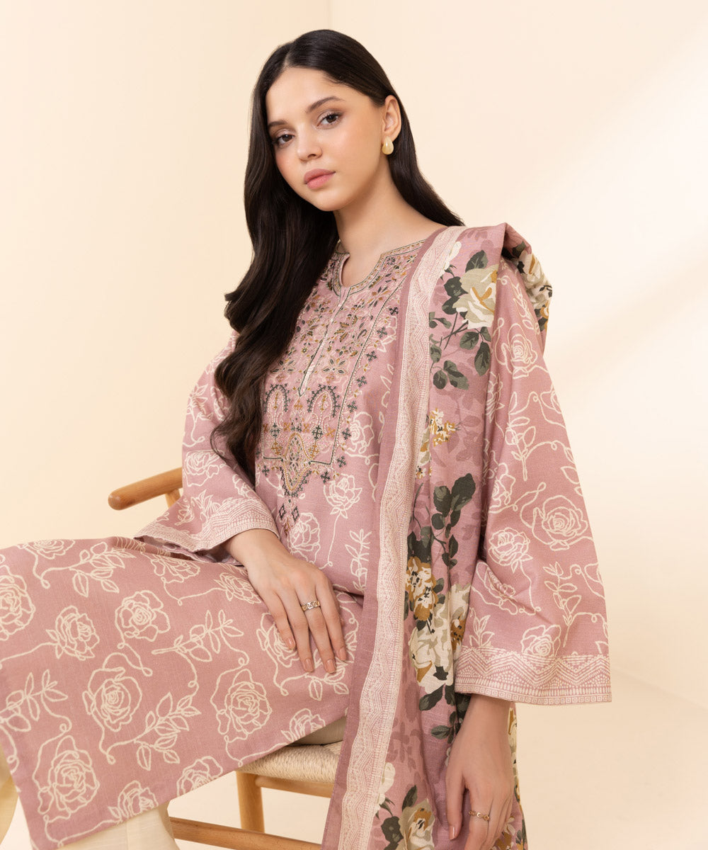 Women's Unstitched Light Khaddar Embroidered Pink 2 Piece Suit