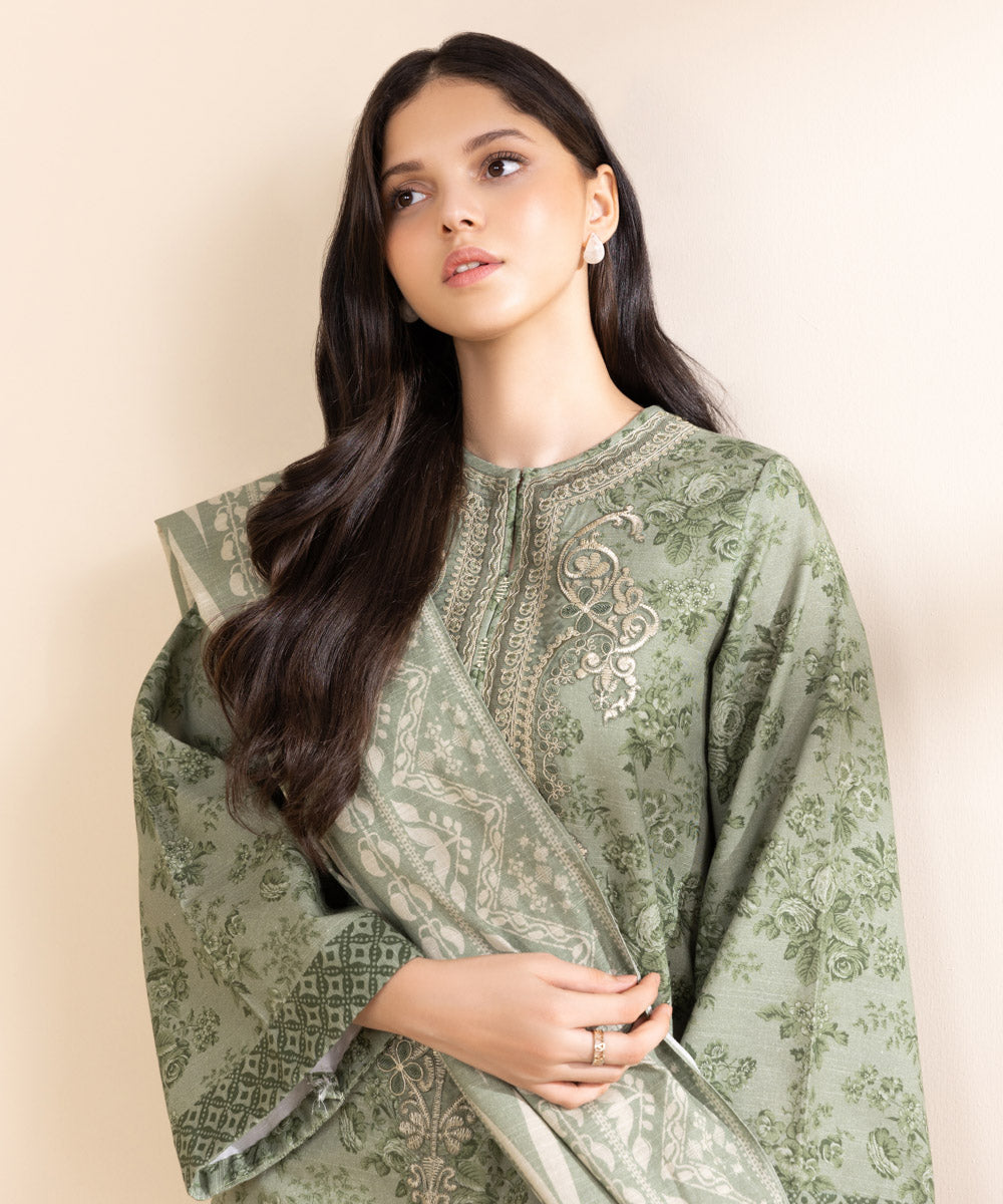 Women's Unstitched Light Khaddar Embroidered Green 2 Piece Suit