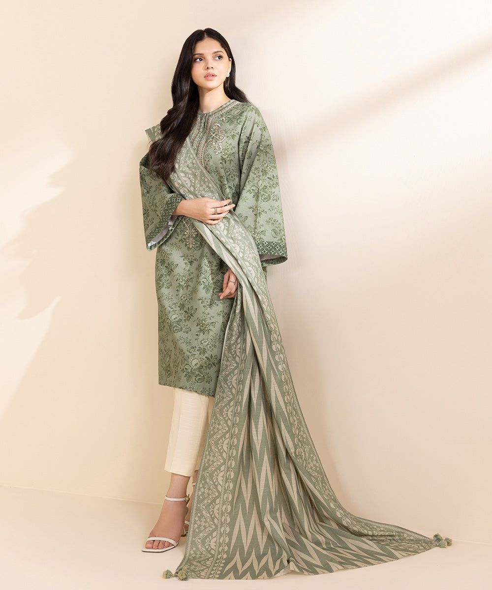 Women's Unstitched Light Khaddar Embroidered Green 2 Piece Suit