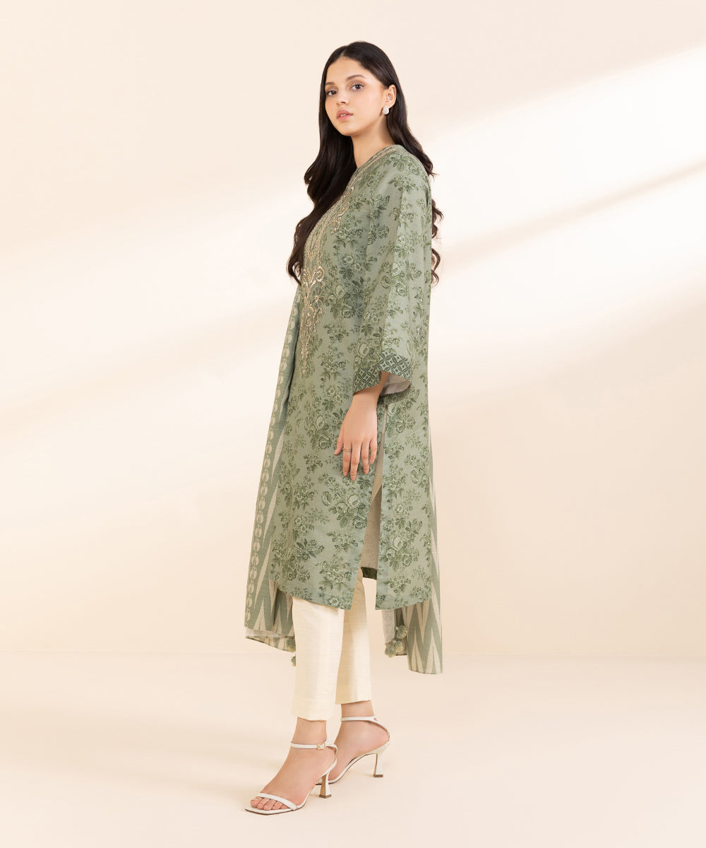 Women's Unstitched Light Khaddar Embroidered Green 2 Piece Suit