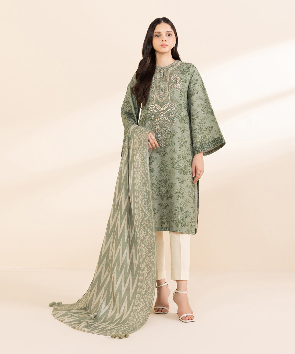 Women's Unstitched Light Khaddar Embroidered Green 2 Piece Suit