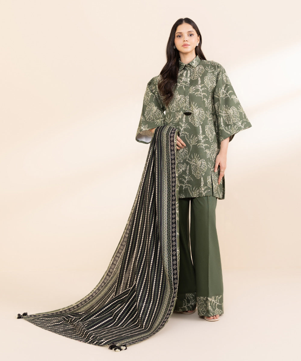 Women's Unstitched Light Khaddar Printed Green 2 Piece Suit