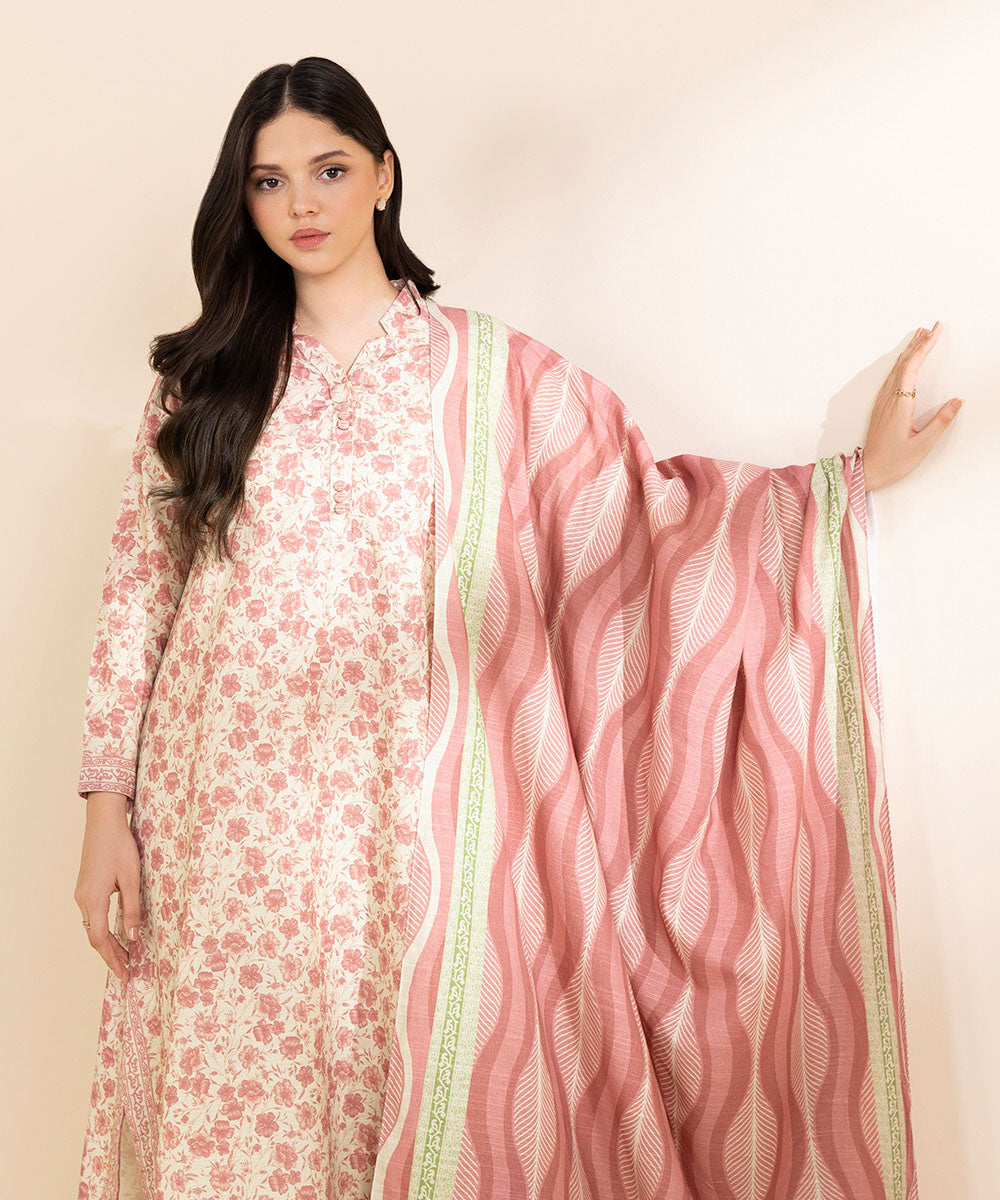 Women's Unstitched Light Khaddar Printed Pink 2 Piece Suit