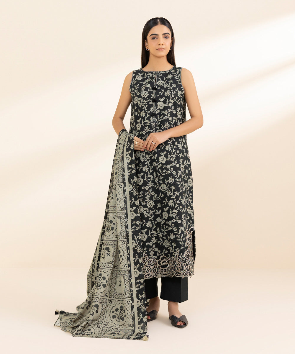 Women's Unstitched Khaddar Embroidered Black 2 Piece Suit