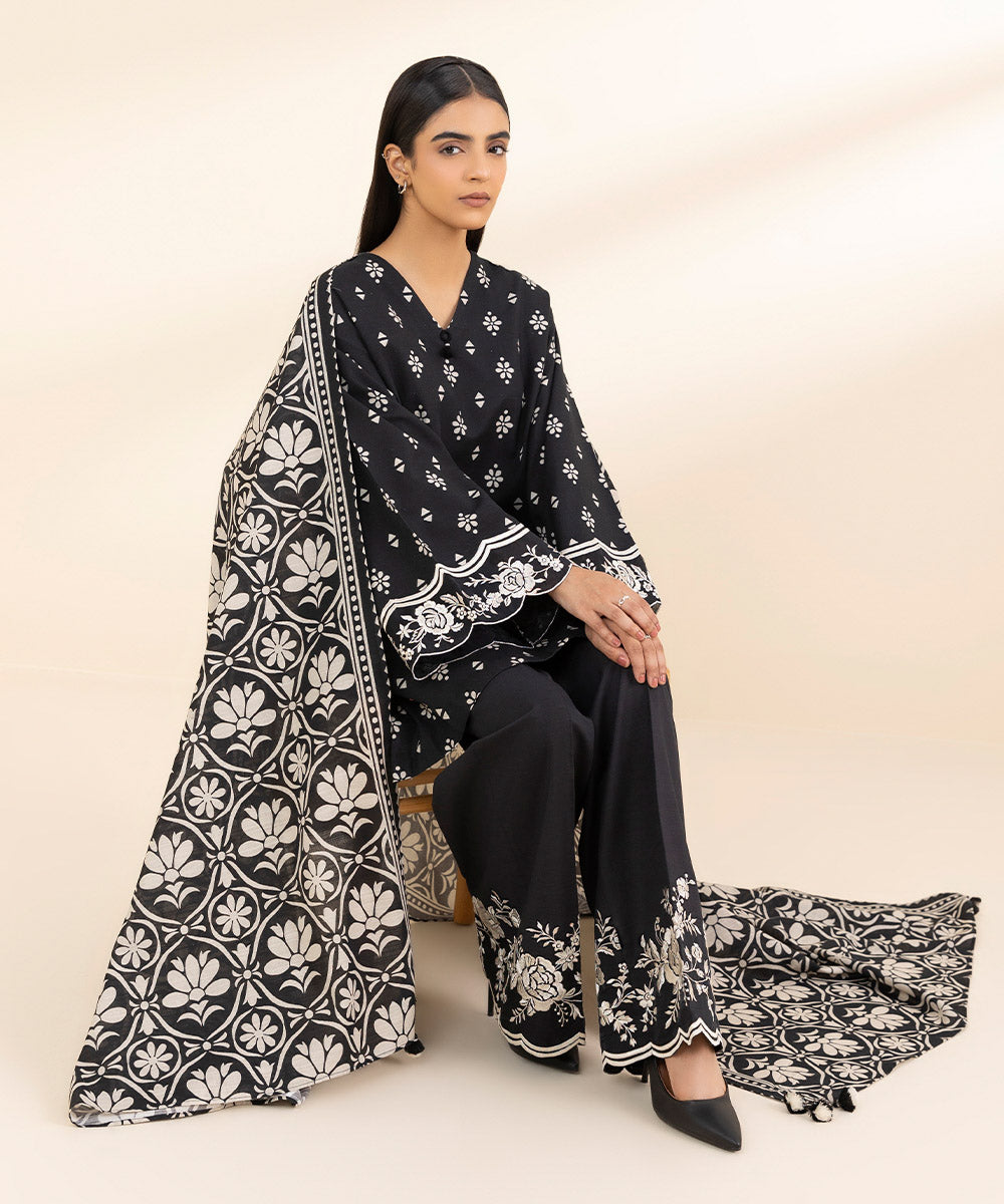 Women's Unstitched Khaddar Embroidered Black 2 Piece Suit