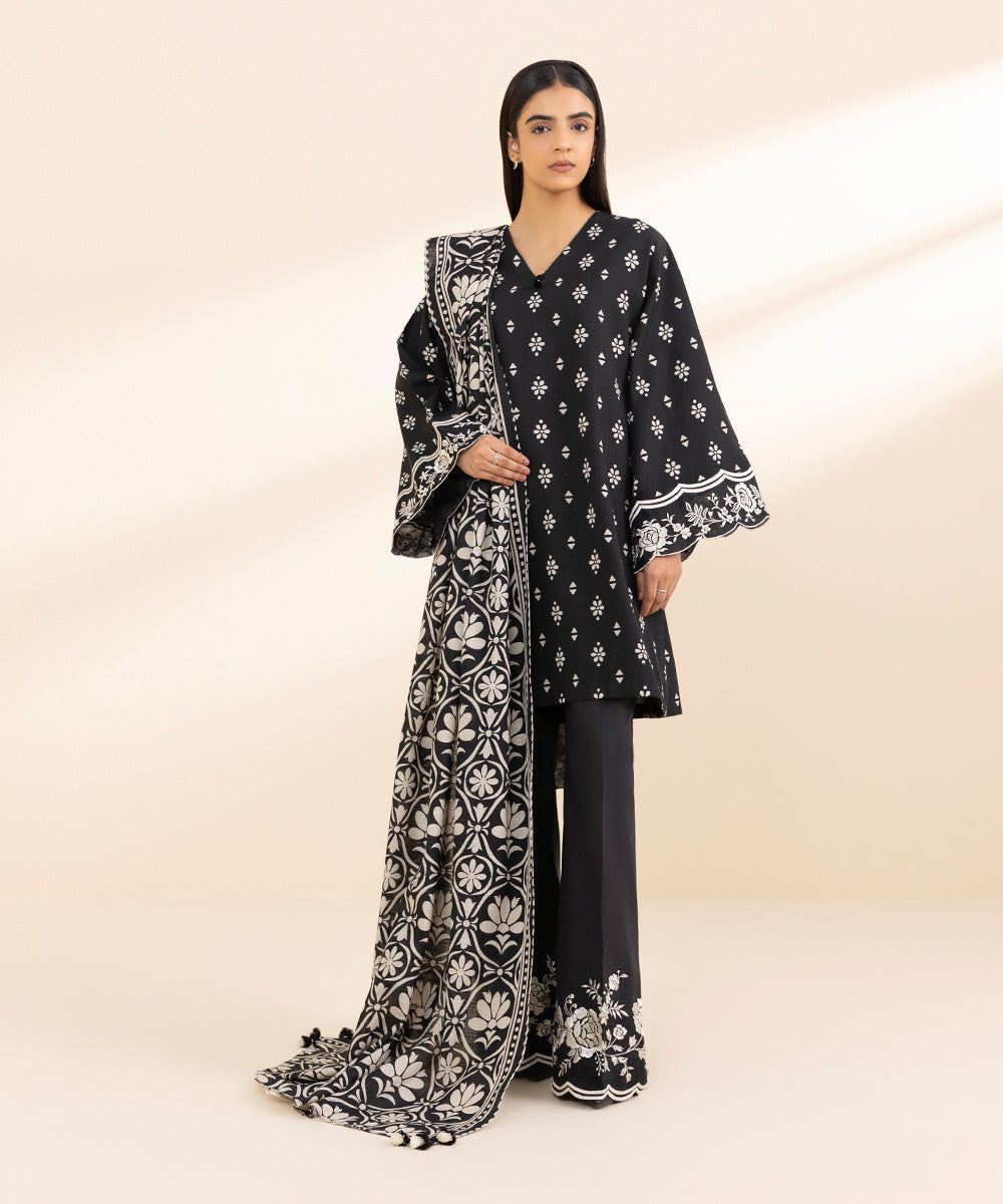 Women's Unstitched Khaddar Embroidered Black 2 Piece Suit