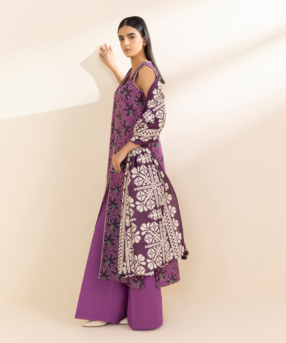 Women's Unstitched Khaddar Printed Purple 2 Piece Suit