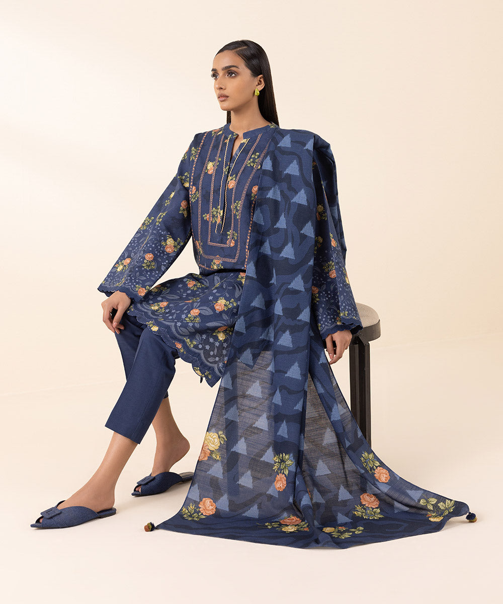 Women's Unstitched Light Khaddar Blue Printed 2 Piece Suit