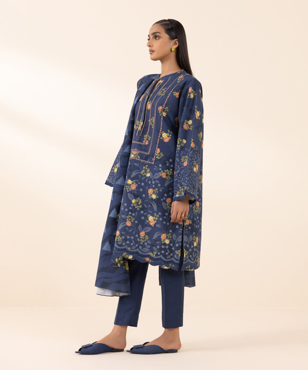 Women's Unstitched Light Khaddar Blue Printed 2 Piece Suit