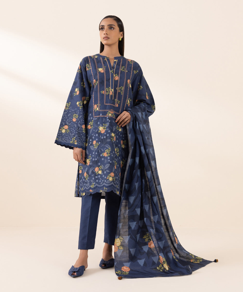 Women's Unstitched Light Khaddar Blue Printed 2 Piece Suit