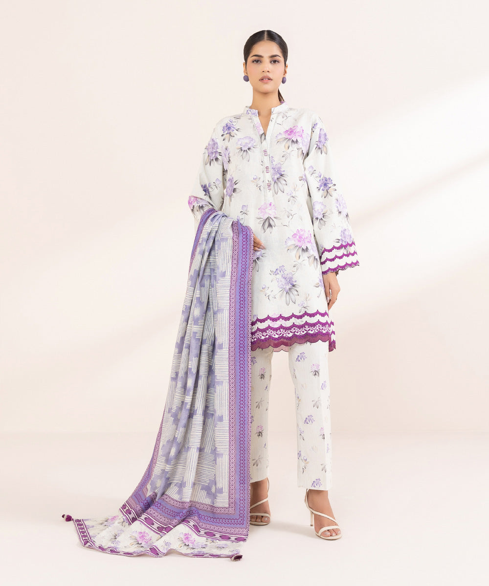 Women's Unstitched Khaddar Off White Printed 2 Piece Suit