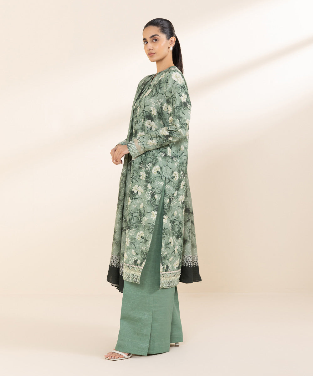 Women's Unstitched Khaddar Green Printed 2 Piece Suit