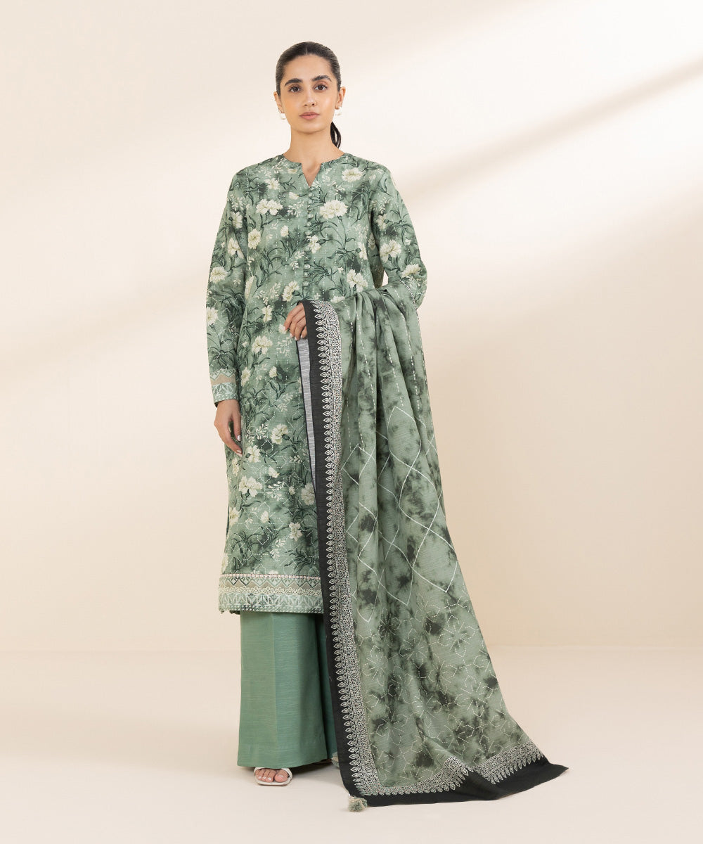 Women's Unstitched Khaddar Green Printed 2 Piece Suit