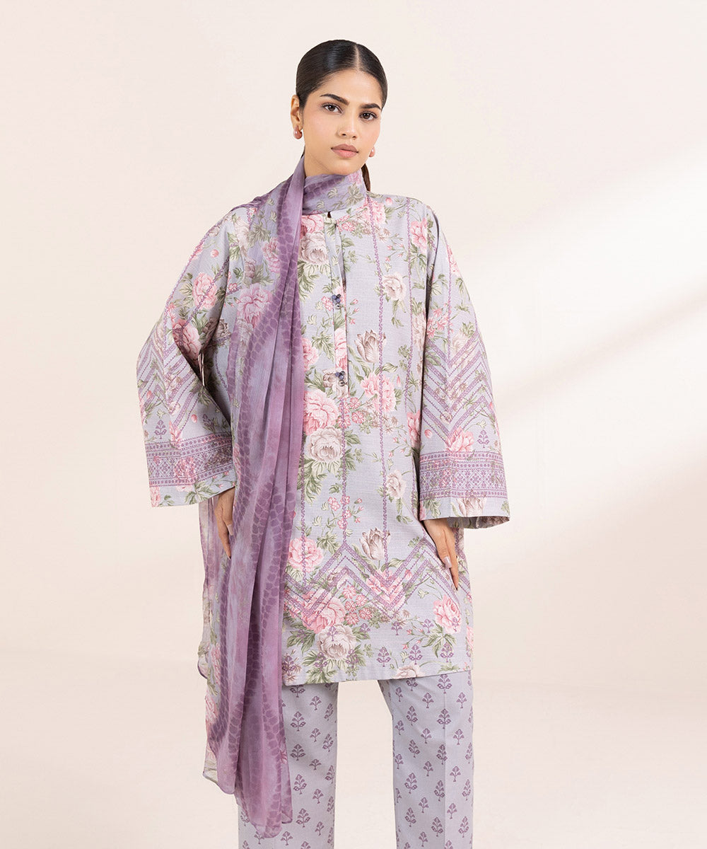 Women's Unstitched Khaddar Purple Printed 2 Piece Suit