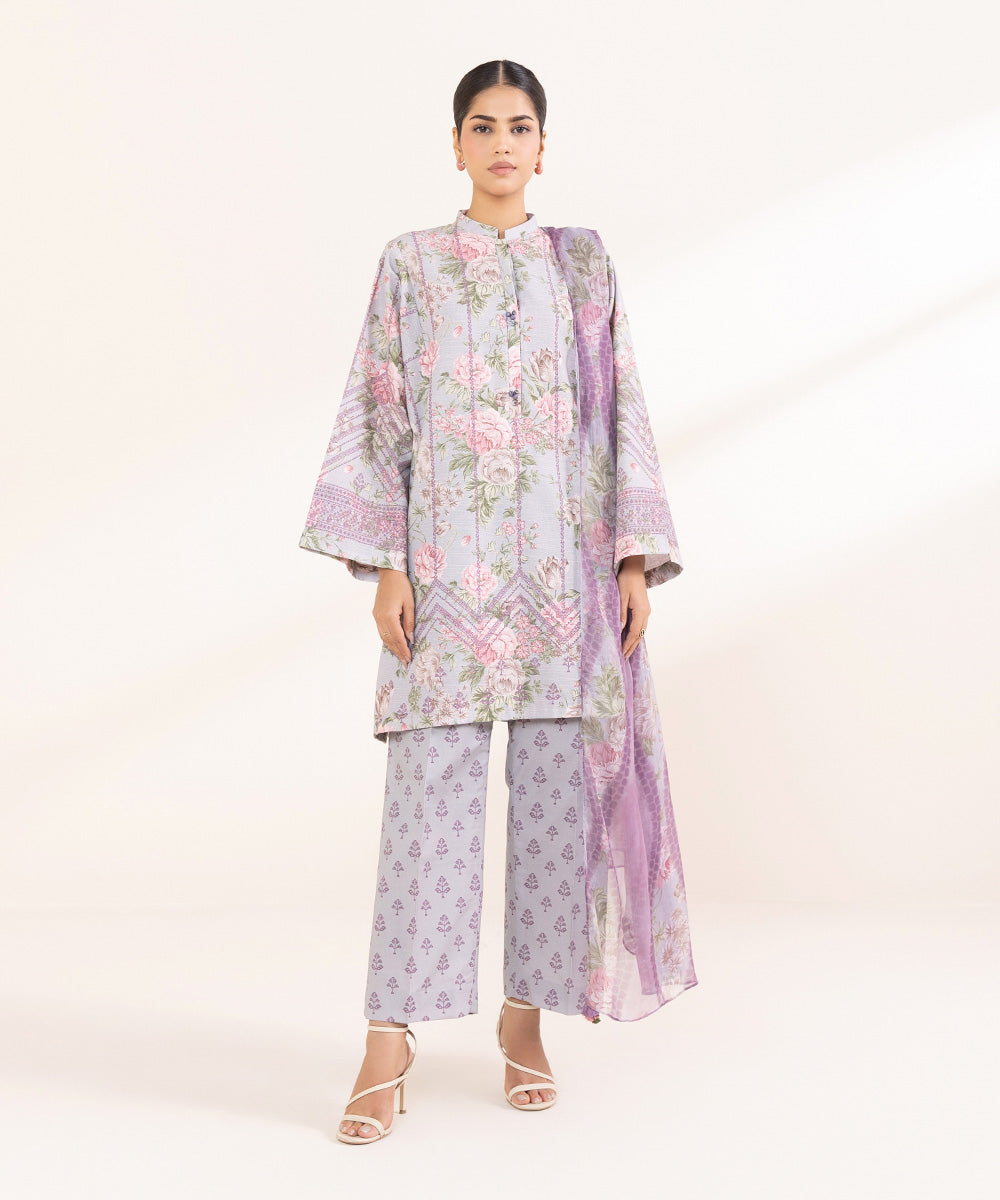 Women's Unstitched Khaddar Purple Printed 2 Piece Suit