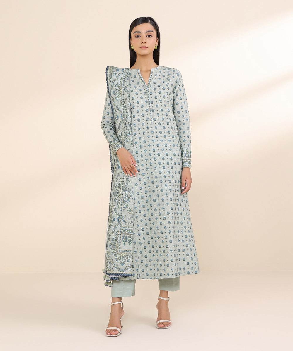 Women's Unstitched Khaddar Grey Printed 2 Piece Suit 