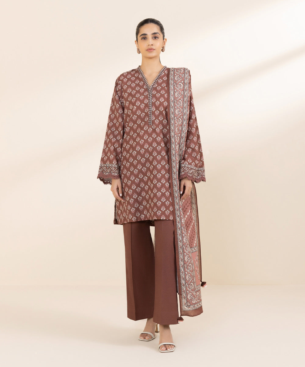 Women's Unstitched Khaddar Brown Printed 2 Piece Suit 