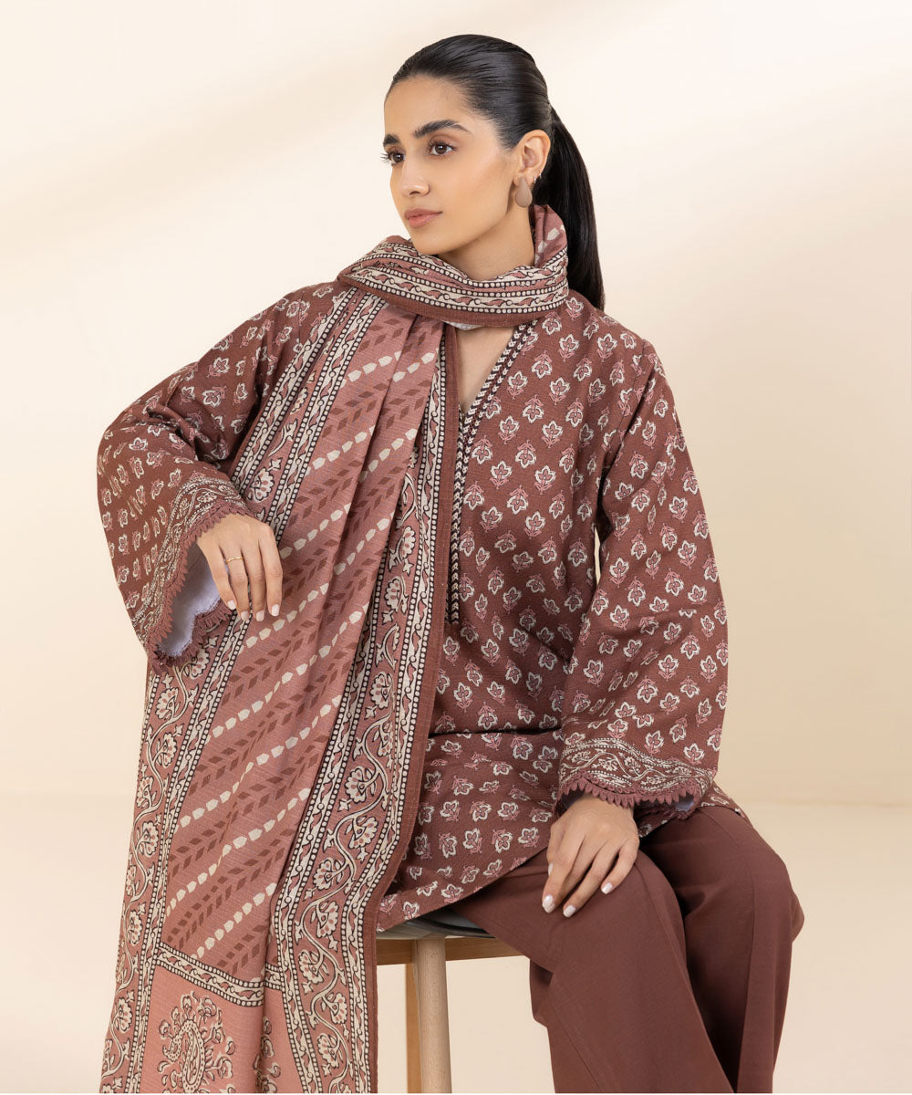 Women's Unstitched Khaddar Brown Printed 2 Piece Suit 