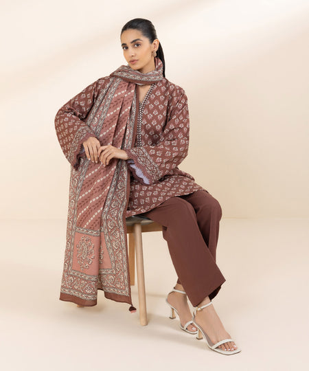 Women's Unstitched Khaddar Brown Printed 2 Piece Suit 