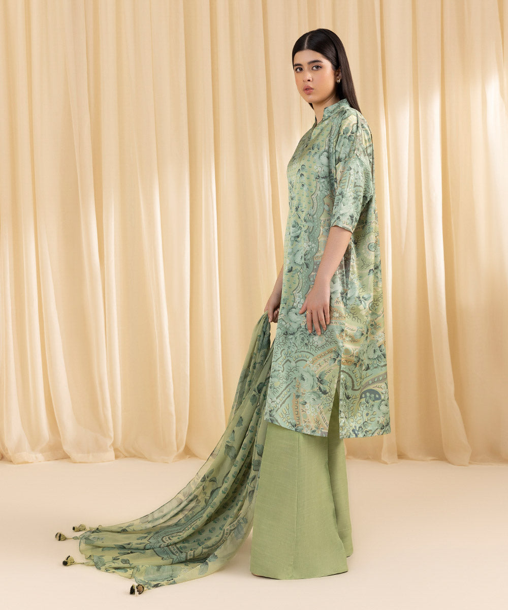 Women's Unstitched Printed Blended Satin Green 3 Piece Suit