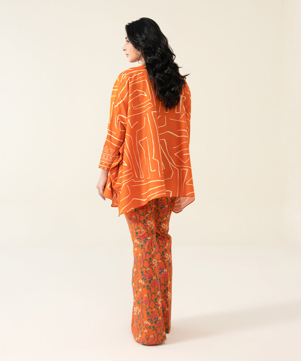 Unstitched Women's Printed Lawn Orange 2 Piece Suit