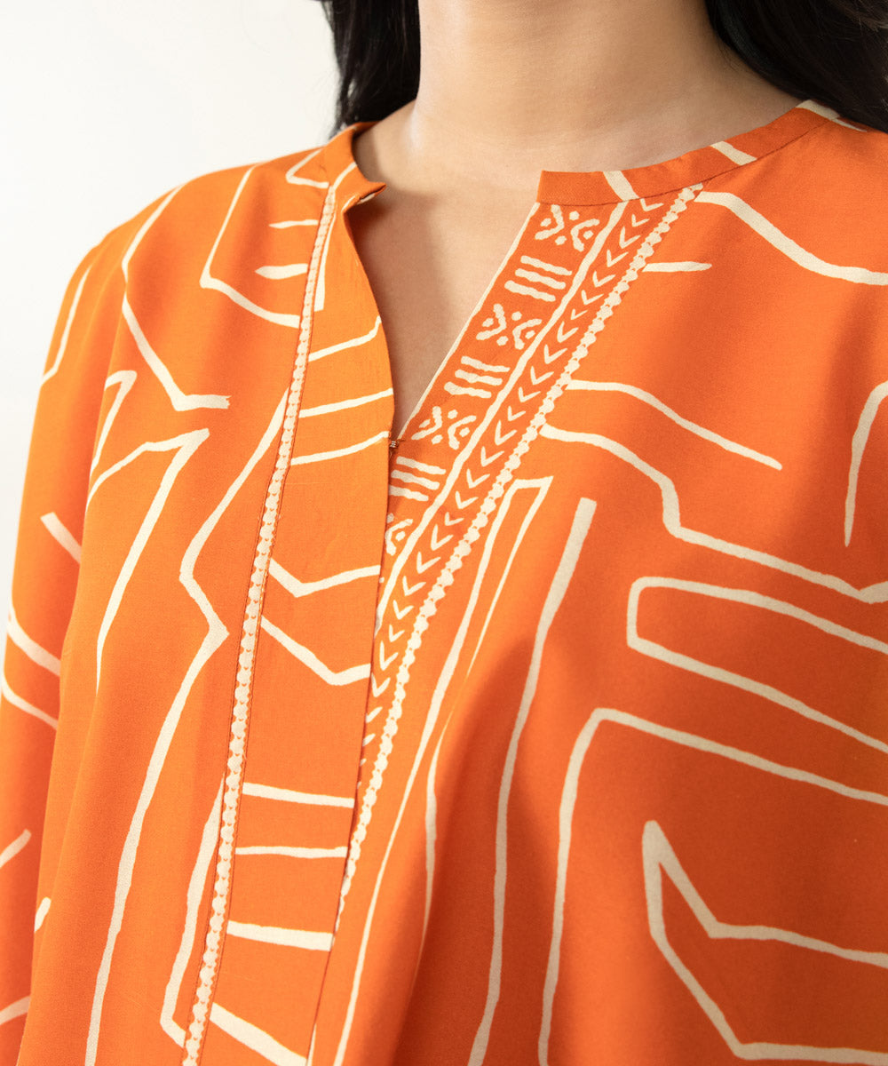 Unstitched Women's Printed Lawn Orange 2 Piece Suit