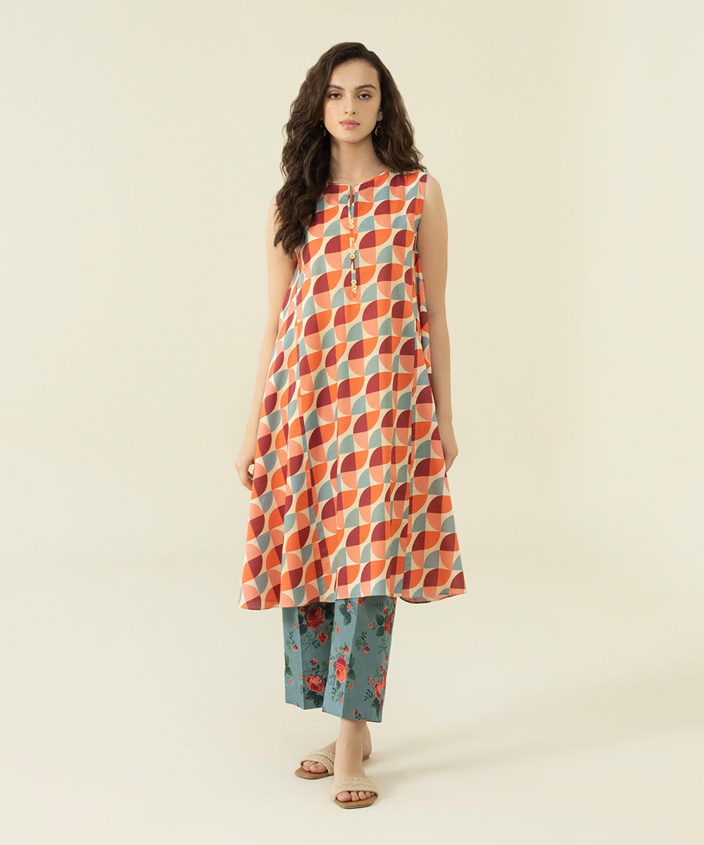 Unstitched Women's Printed Lawn Aqua and Coral 2 Piece Suit