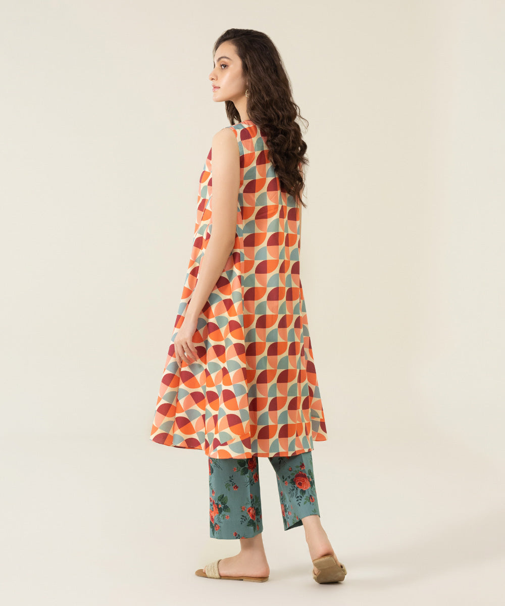 Unstitched Women's Printed Lawn Aqua and Coral 2 Piece Suit