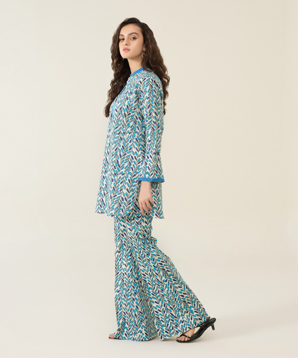 Unstitched Women's Printed Lawn Off White and Blue  2 Piece Suit