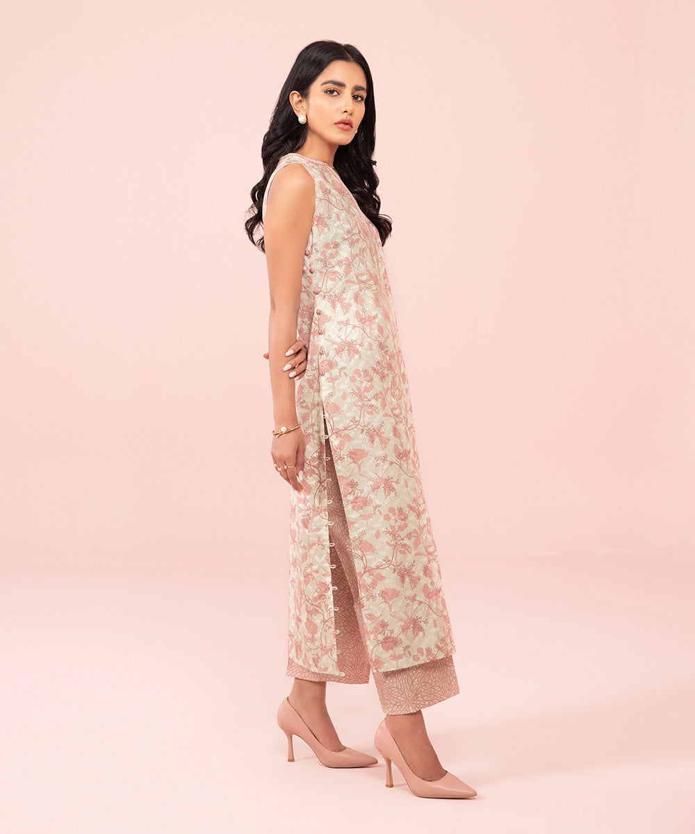 Women's Unstitched Printed Cambric Beige and Blush Pink 2 Piece Suit
