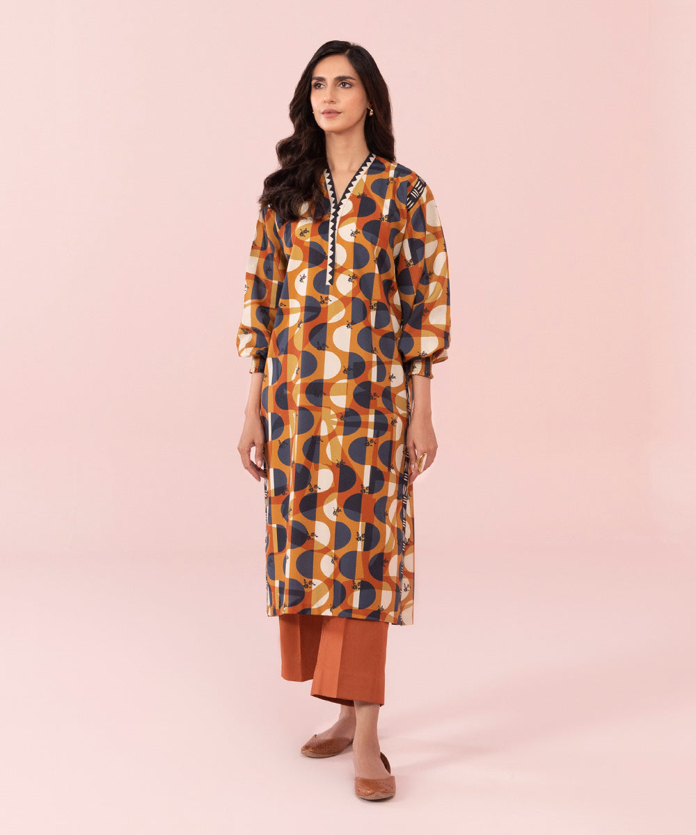 Women's Unstitched Printed Cambric Ochre and Blue 2 Piece Suit