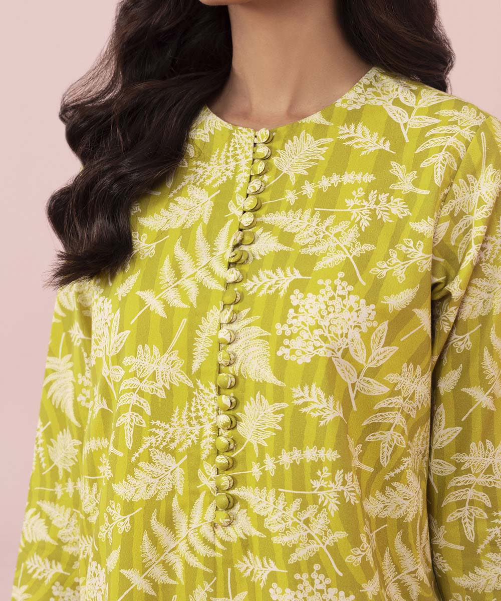 Women's Unstitched Printed Cambric Lime Yellow 2 Piece Suit