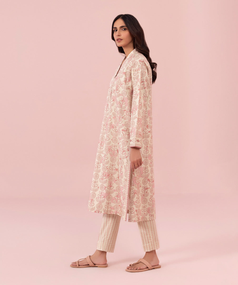 Women's Unstitched Printed Cambric Ivory and Pink 2 Piece Suit
