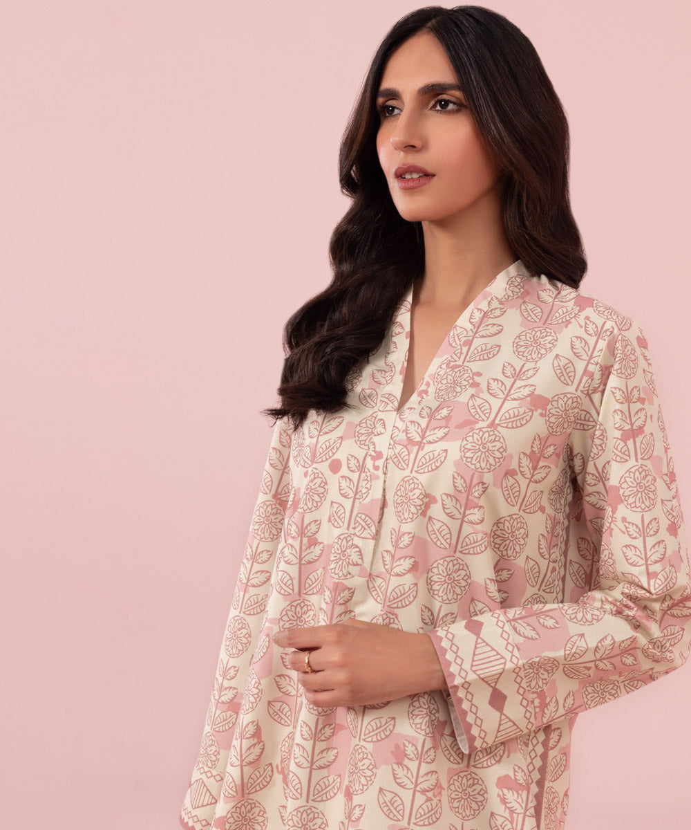 Women's Unstitched Printed Cambric Ivory and Pink 2 Piece Suit
