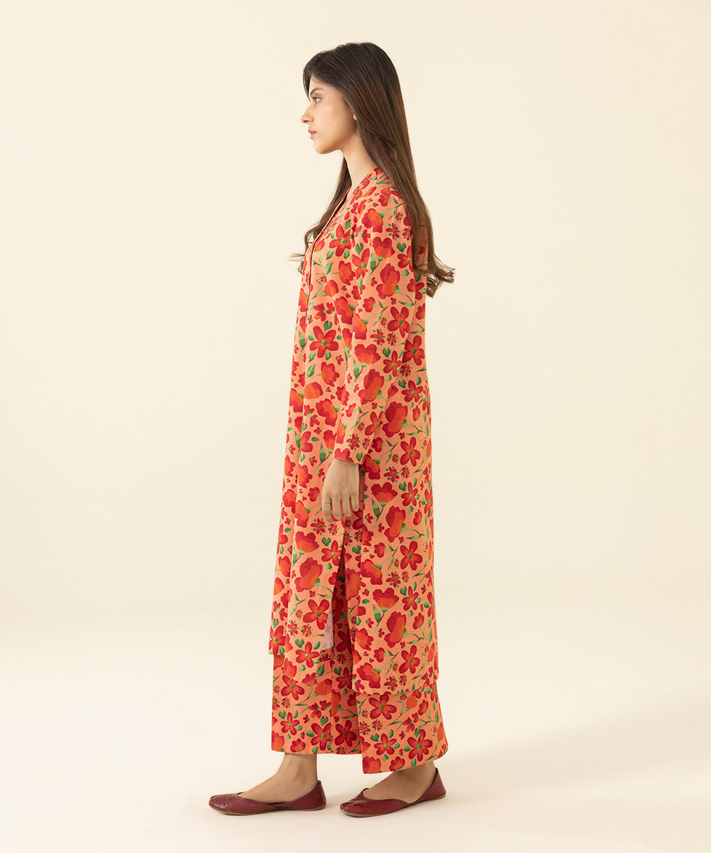 Women's Unstitched Printed Khaddar Orange 2 Piece Suit