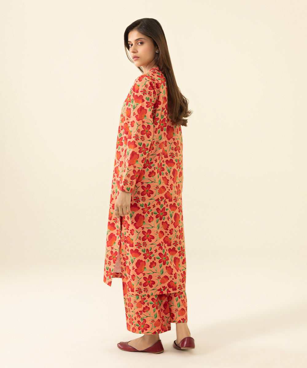 Women's Unstitched Printed Khaddar Orange 2 Piece Suit