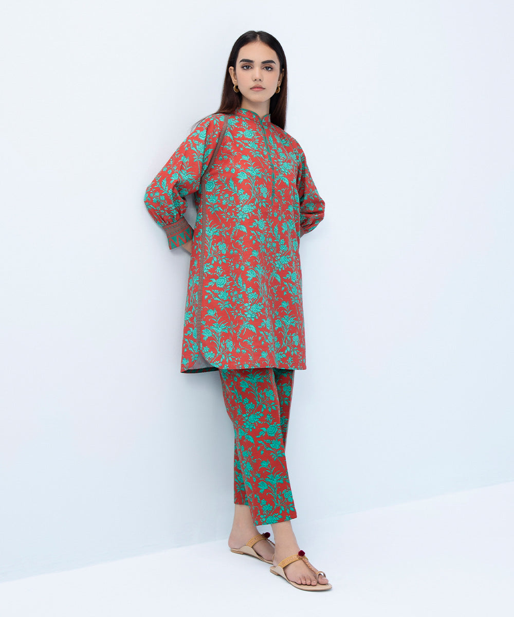 Women's Winter Unstitched Printed Khaddar Red 2 Piece Suit