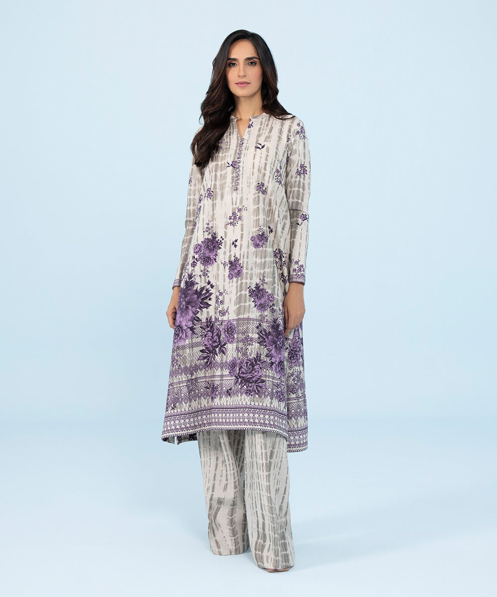 Women's Winter Unstitched Printed Khaddar Off White 2 Piece Suit