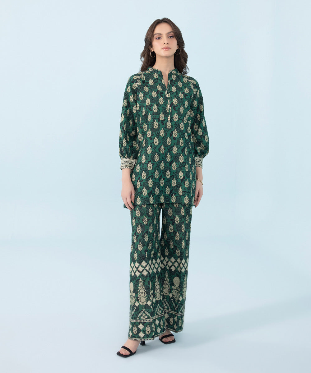 Women's Winter Unstitched Printed Khaddar Green 2 Piece Suit