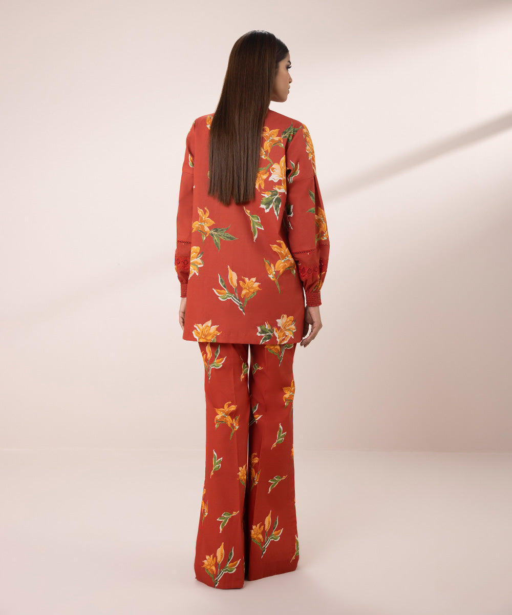 Women's Unstitched Lawn Printed Orange 2 Piece Suit