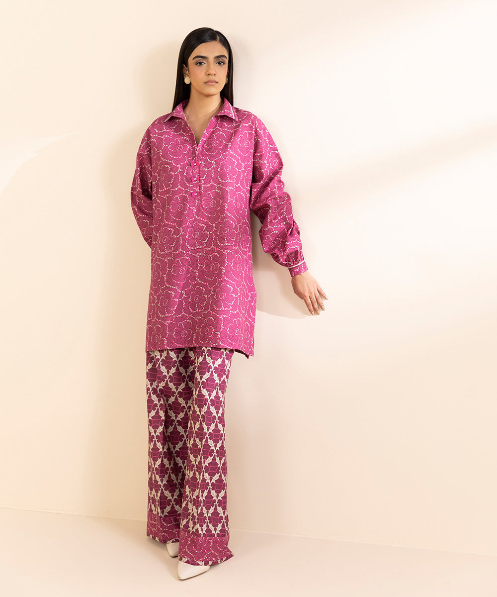 Women's Unstitched Light Khaddar Printed Pink 2 Piece Suit