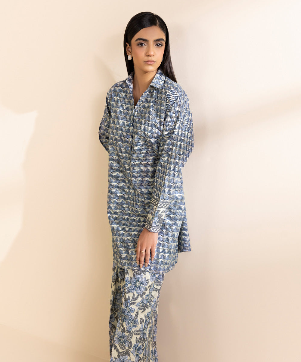 Women's Unstitched Light Khaddar Printed Blue 2 Piece Suit