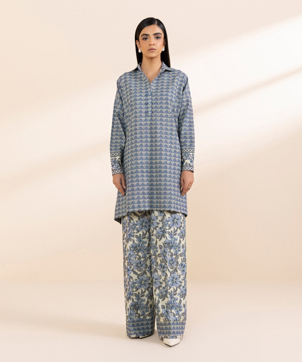 Women's Unstitched Light Khaddar Printed Blue 2 Piece Suit